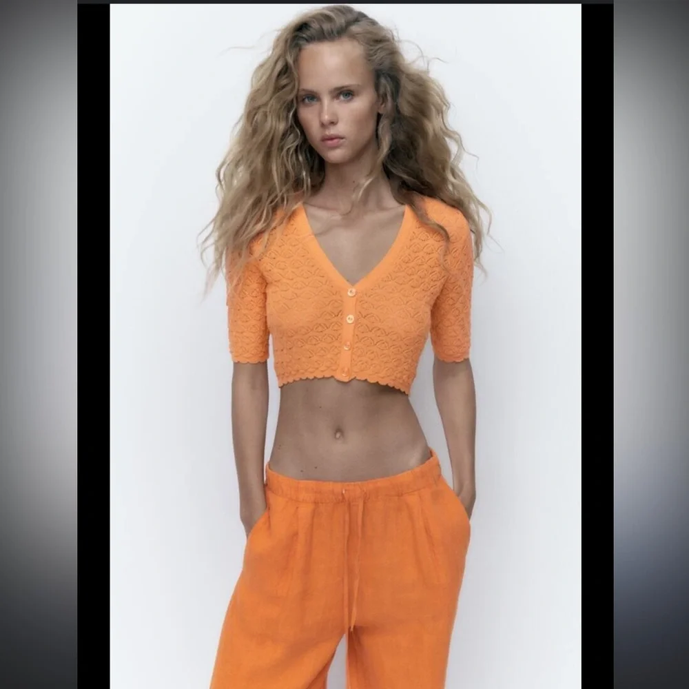 Zara Orange Cropped Knit Button-Front Top